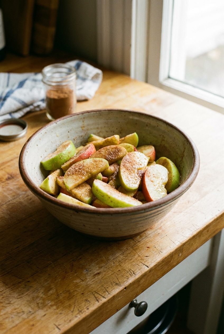 A bowl of sliced apples tossed with cinnamon, sugar, and lemon juice on a kitchen counter