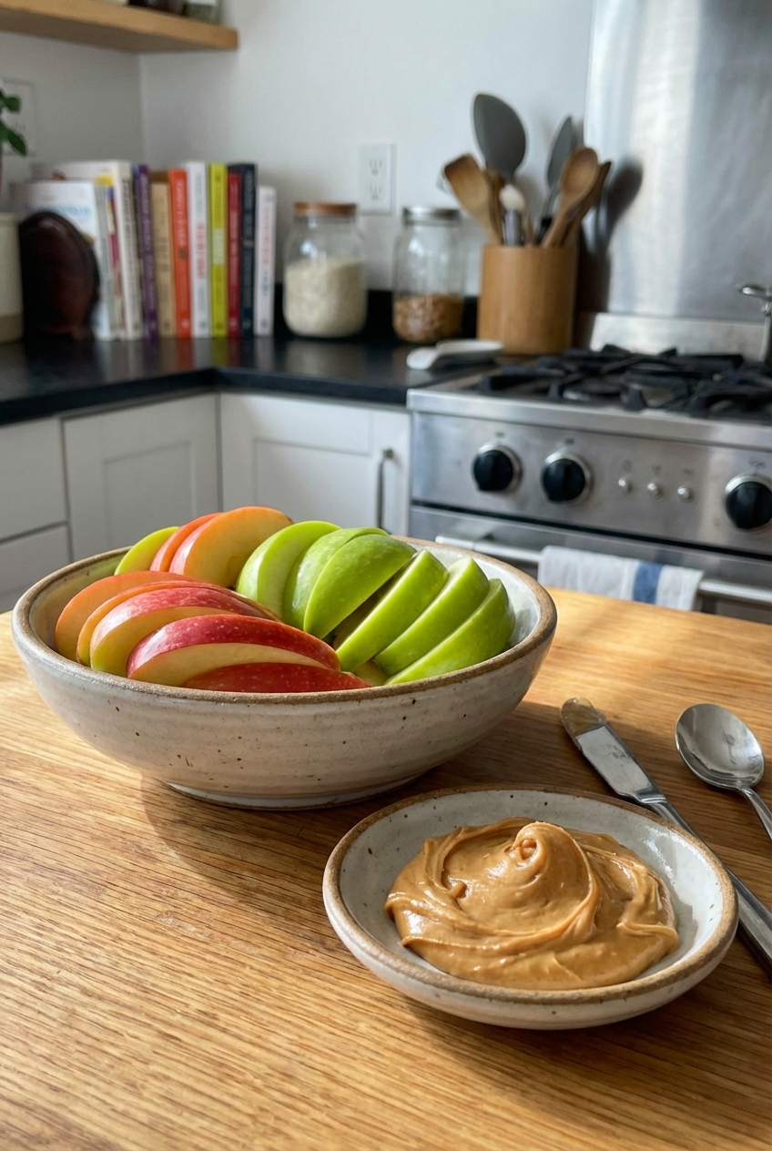 A bowl of sliced apples with a small dish of peanut butter