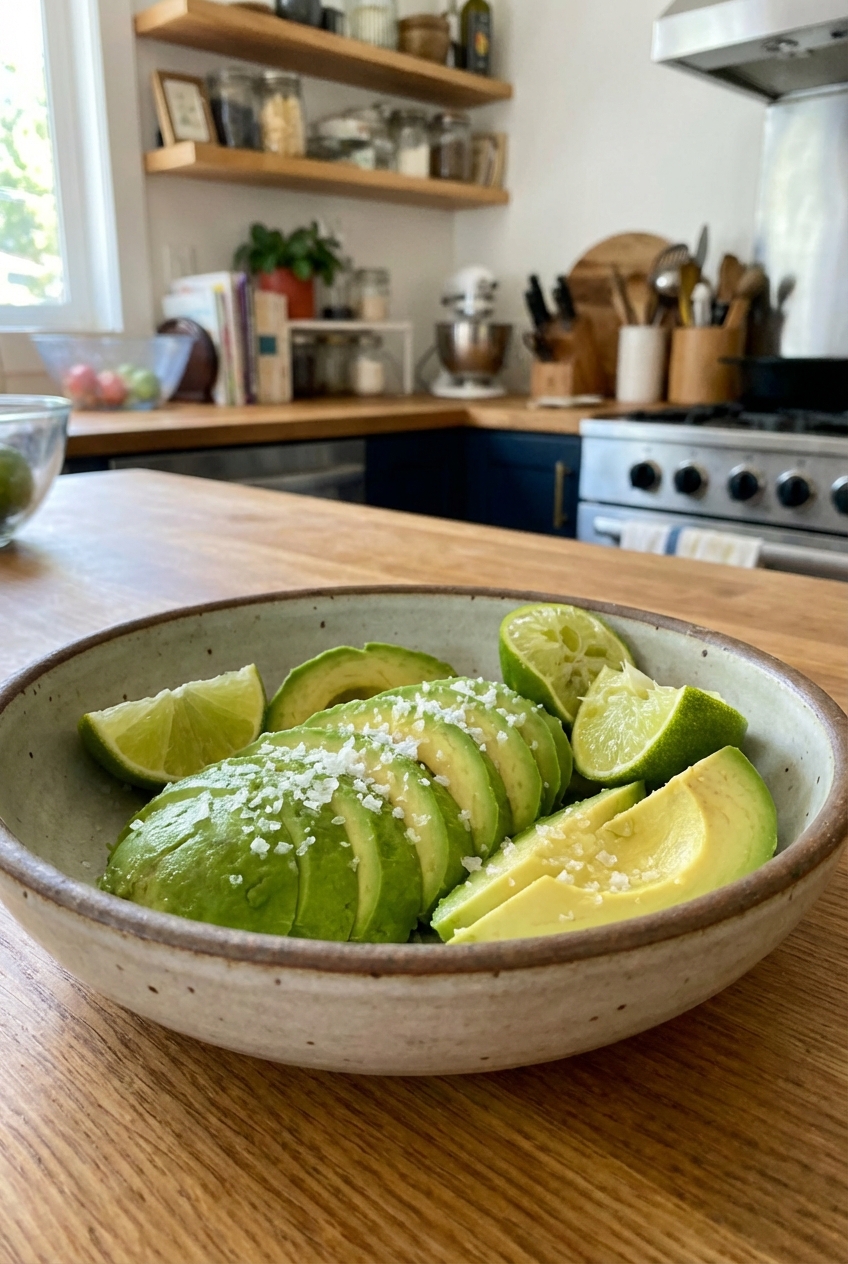 A bowl of sliced avocado with lime and flaky salt