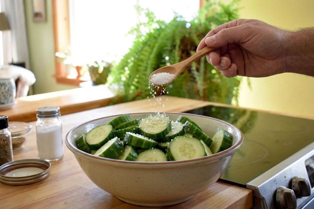 A bowl of sliced cucumbers being sprinkled with salt on a kitchen counter, ready to rest before pickling