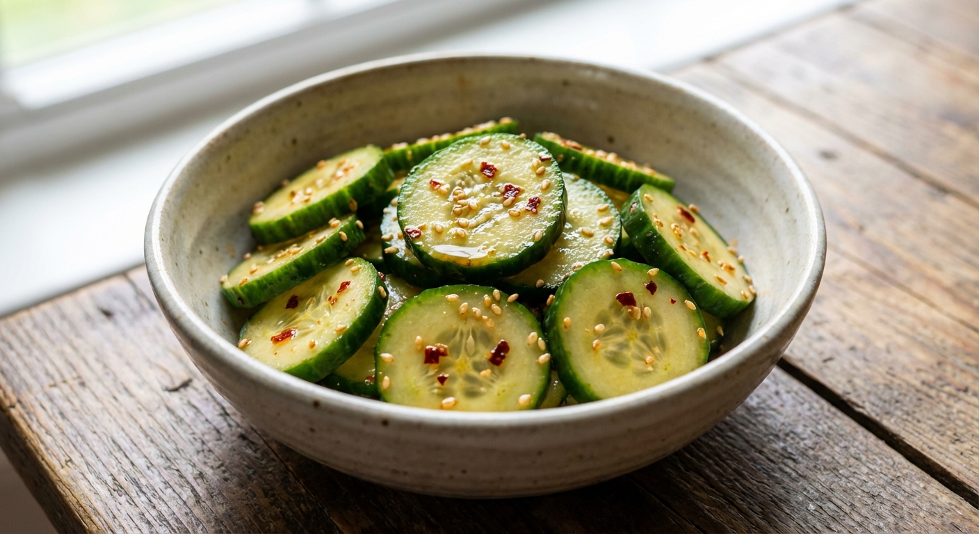 A bowl of sliced cucumbers tossed with rice vinegar, sesame oil, chili flakes, and sesame seeds, photorealistic close-up food photography