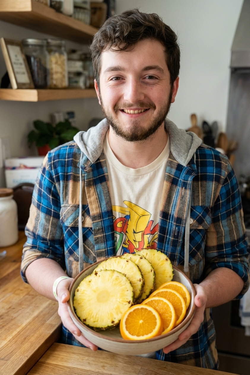 A bowl of sliced fresh pineapple and oranges