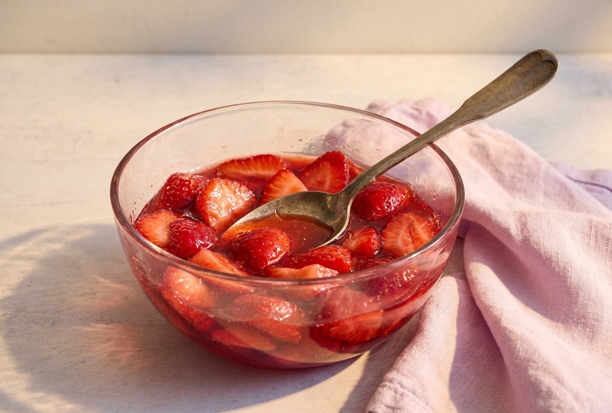 A bowl of sliced strawberries sitting in red syrup after macerating, with a spoon resting in the bowl