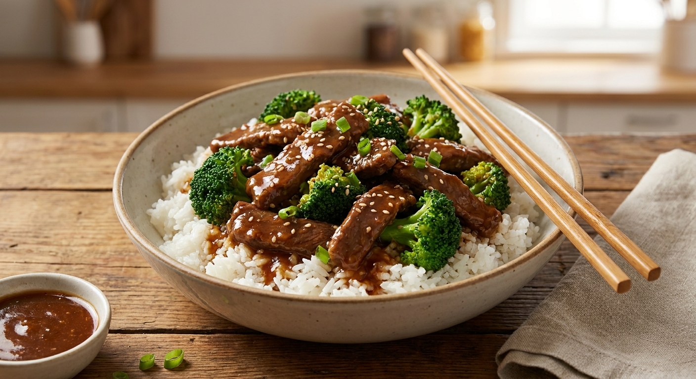 A bowl of slow cooker beef and broccoli coated in a glossy brown garlic sauce, served over white rice on a wooden table with chopsticks nearby, warm kitchen lighting
