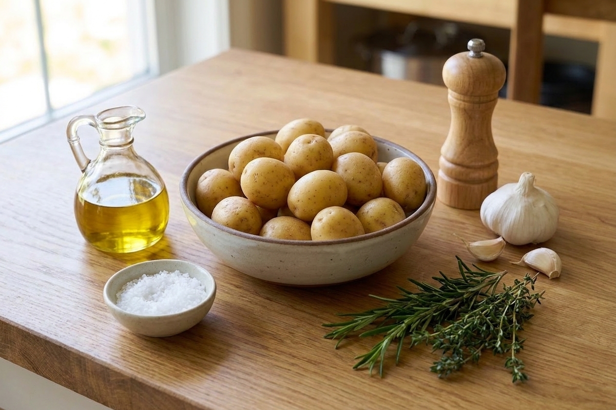 A bowl of small potatoes next to olive oil, salt, pepper, garlic, and fresh herbs arranged on a clean kitchen counter