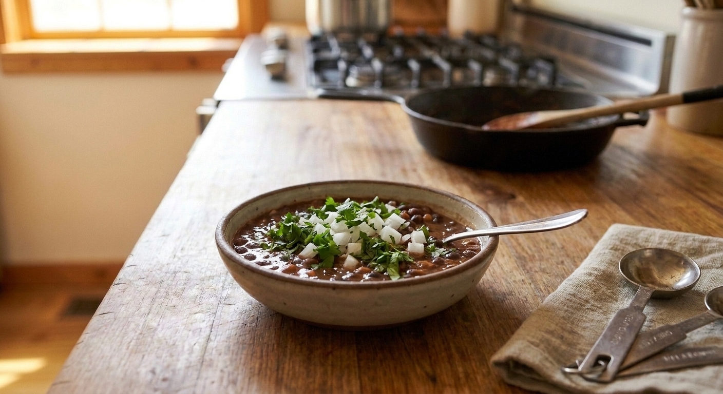 A bowl of smoky Mexican beans topped with chopped cilantro and diced onion on a simple dinner table setting