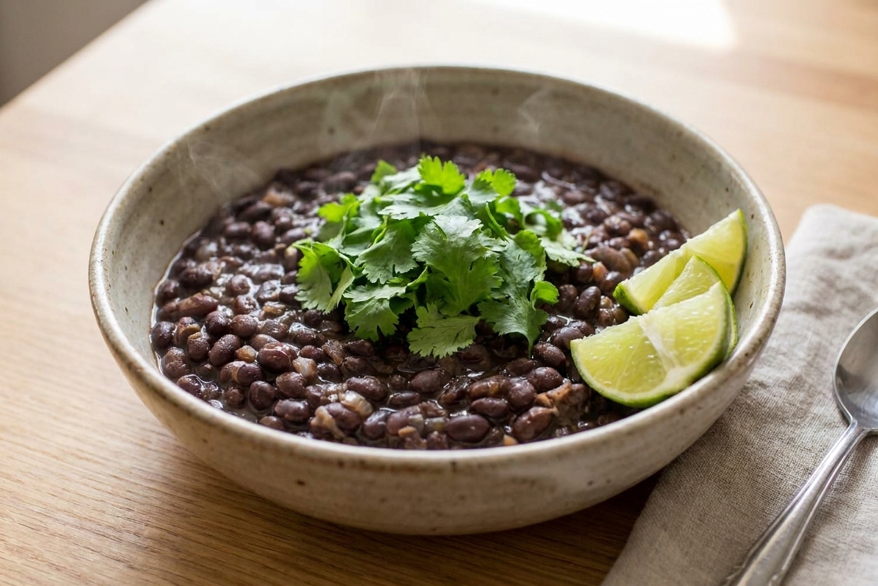 A bowl of smoky black beans topped with cilantro, served with lime wedges on a simple table setting