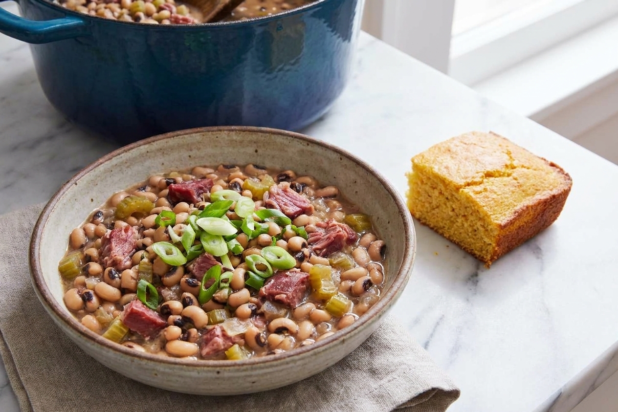 A bowl of smoky black-eyed peas topped with sliced scallions beside a piece of cornbread on a simple dinner table