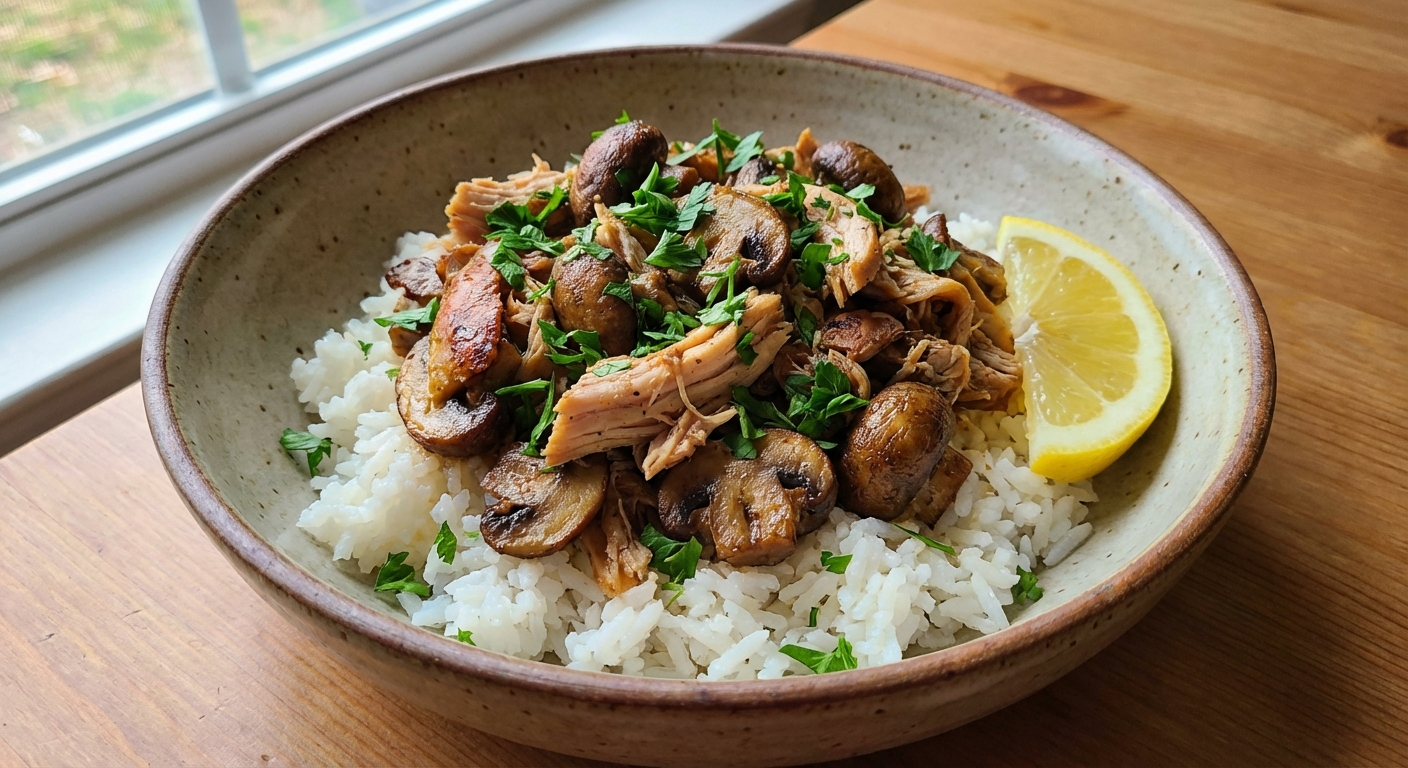 A bowl of smoky rotisserie chicken and mushrooms served over rice with parsley and a lemon wedge