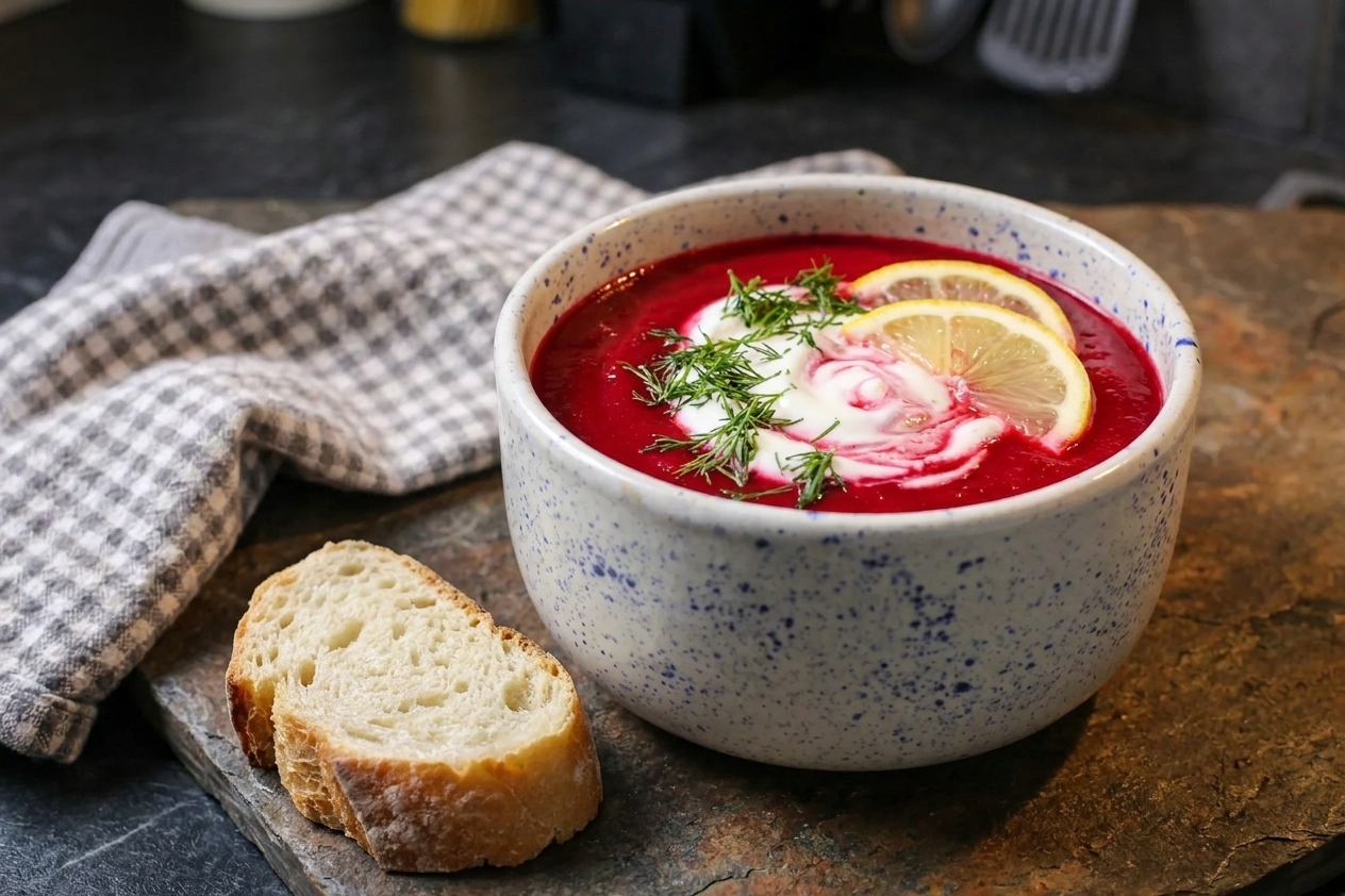 A bowl of smooth beet soup topped with a swirl of yogurt and fresh dill on a stone table with crusty bread nearby
