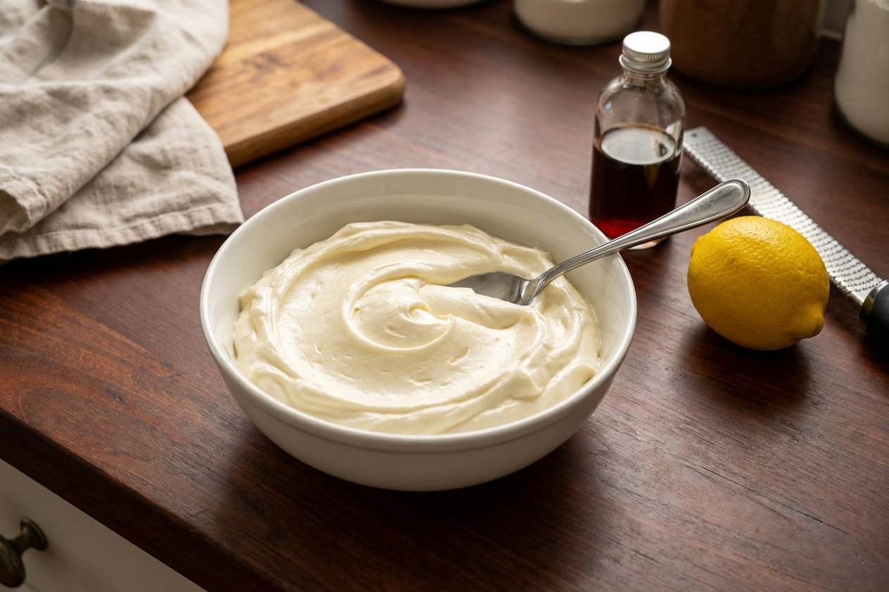 A bowl of smooth cream cheese filling with a spoon on a kitchen counter beside vanilla and lemon