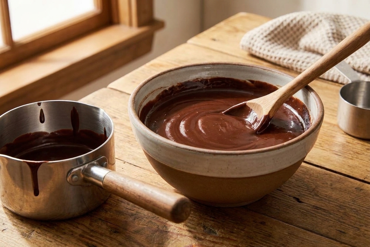 A bowl of smooth, glossy chocolate ganache on a wooden countertop with a small saucepan nearby