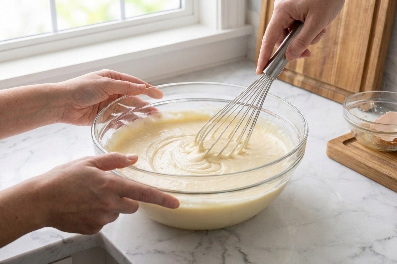 A bowl of smooth gluten free vanilla cake batter being whisked on a light-colored kitchen counter