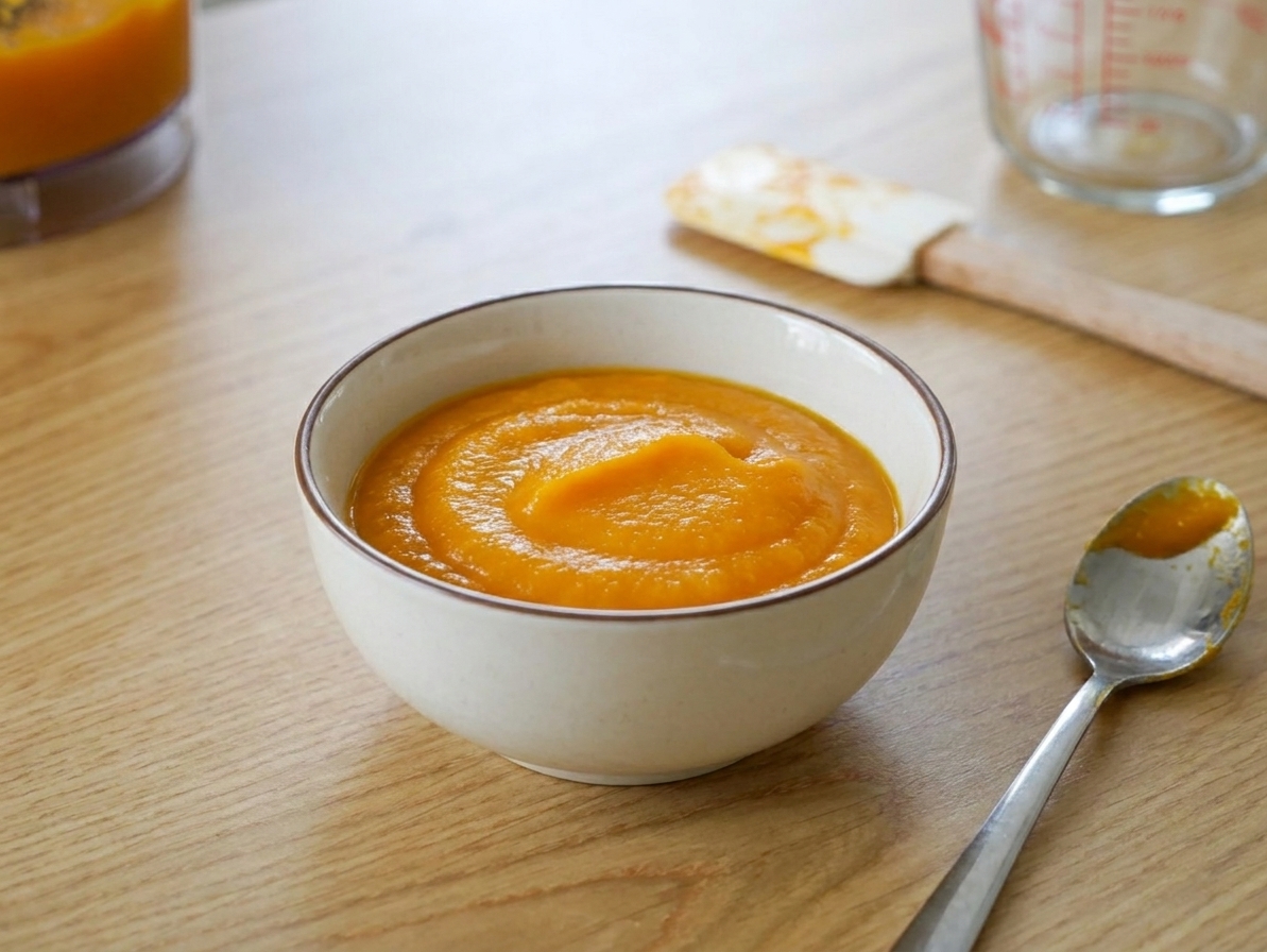 A bowl of smooth homemade pumpkin purée on a kitchen counter with a spoon beside it