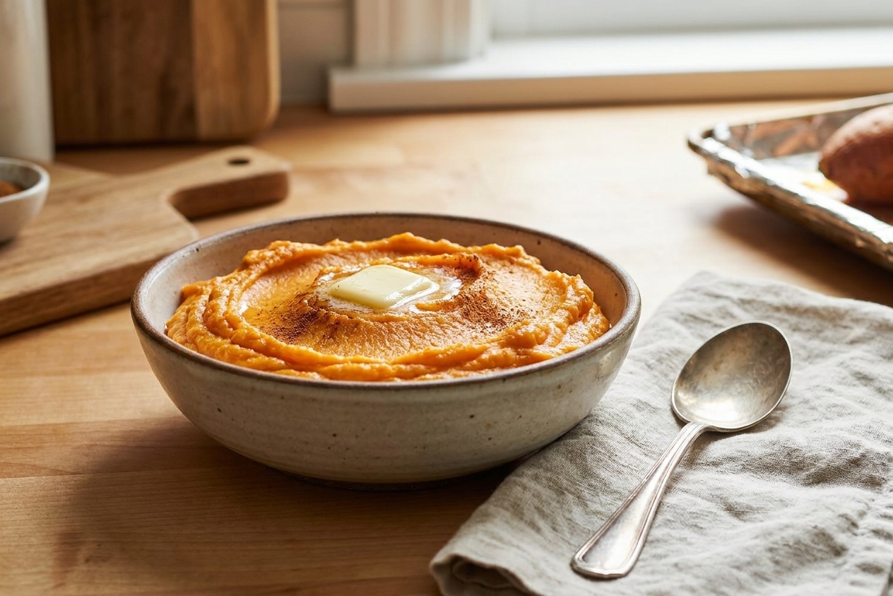 A bowl of smooth mashed sweet potato on a kitchen counter with a spoon resting beside it