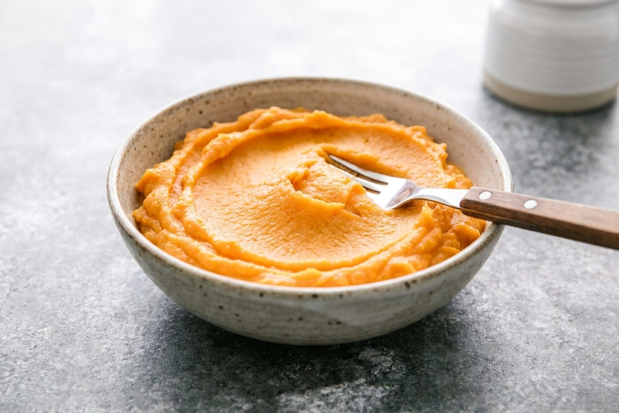 A bowl of smooth mashed sweet potato with a fork resting in it on a kitchen counter
