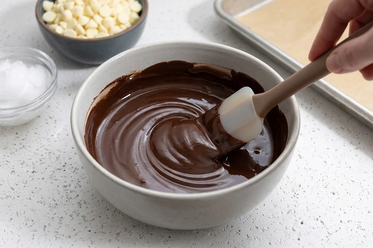 A bowl of smooth melted dark chocolate being stirred with a spatula on a light kitchen counter