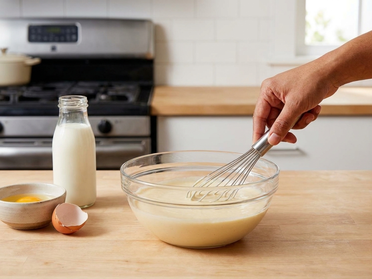 A bowl of smooth pancake batter being whisked on a kitchen counter with a carton of milk and a cracked egg nearby