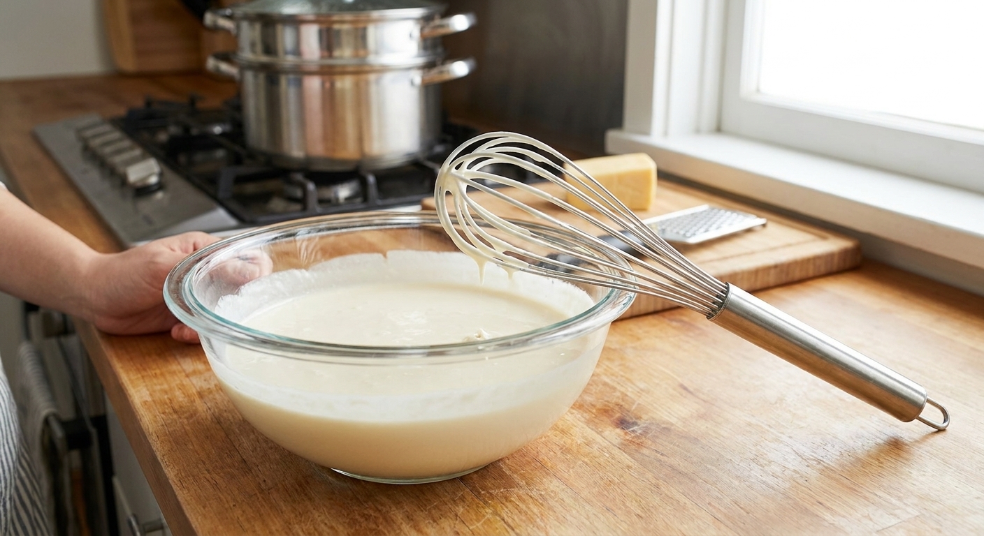 A bowl of smooth puto batter with a whisk resting on the rim on a bright kitchen counter
