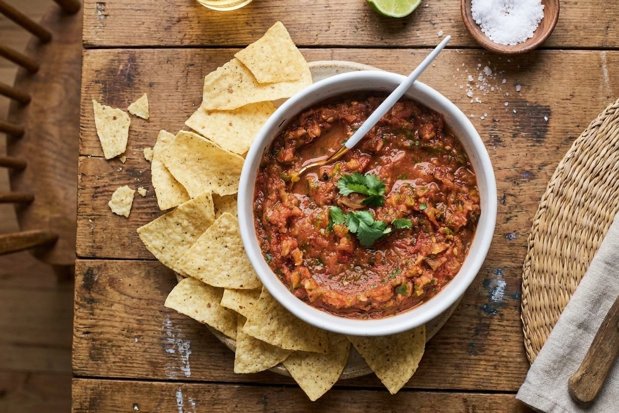 A bowl of smooth red salsa roja served with tortilla chips on a wooden table, casual family style setting