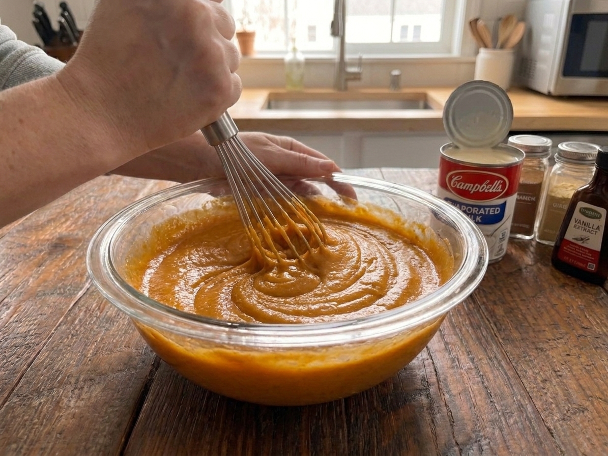 A bowl of smooth sweet potato pie filling being whisked until glossy and uniform on a kitchen counter