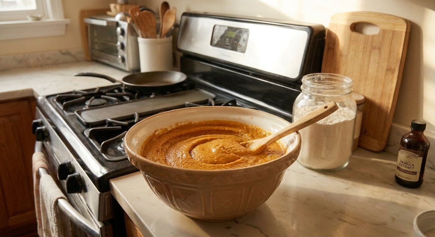 A bowl of smooth sweet potato puree with a spoon on a kitchen counter