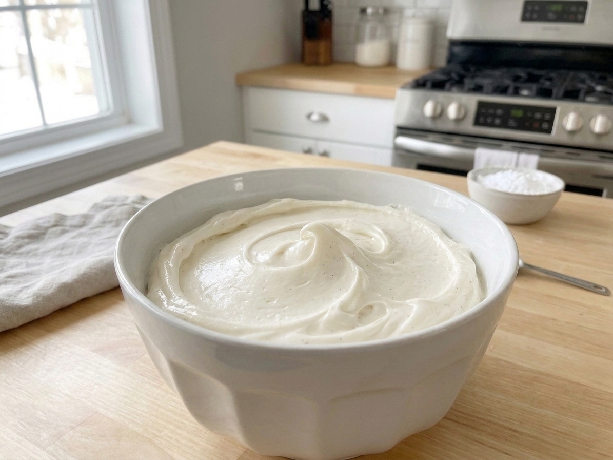 A bowl of smooth vanilla buttercream with soft peaks on a clean kitchen counter