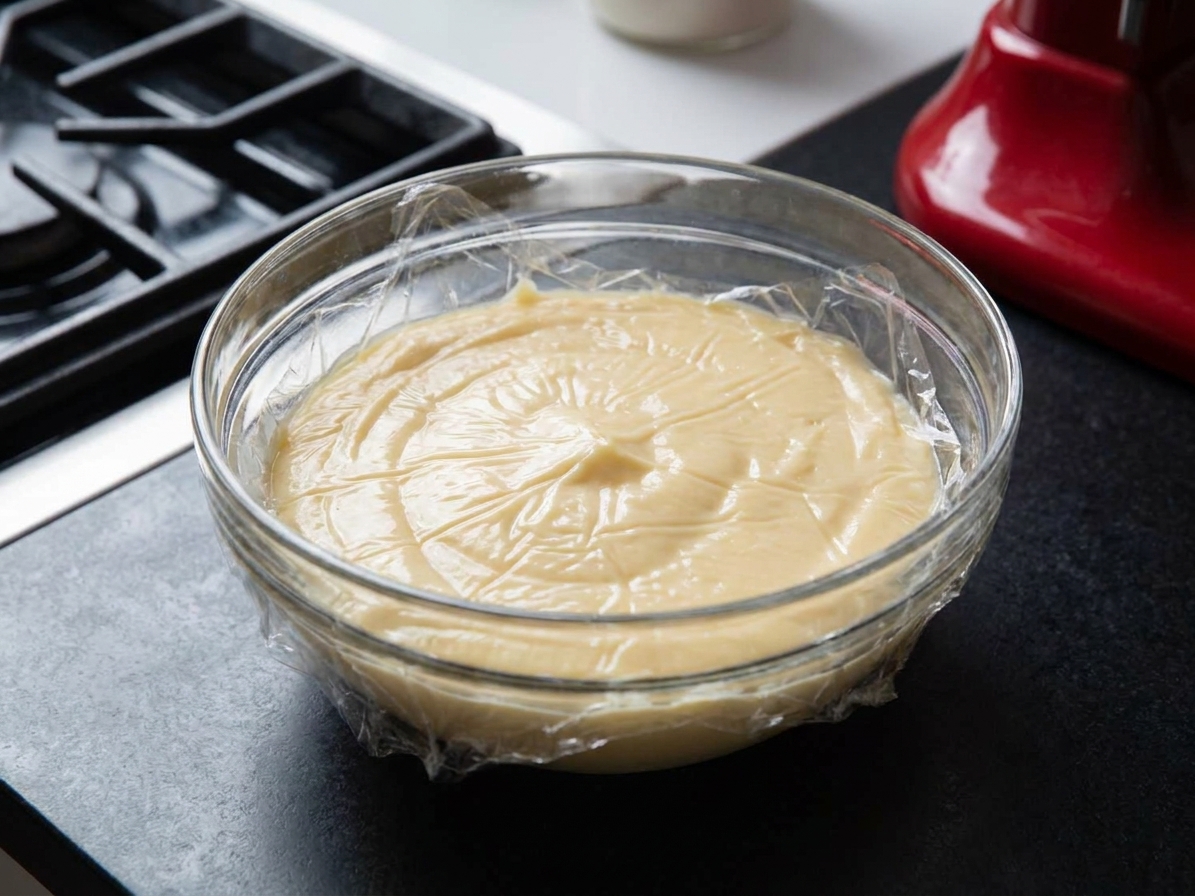 A bowl of smooth vanilla pastry cream with plastic wrap pressed directly on the surface on a kitchen counter