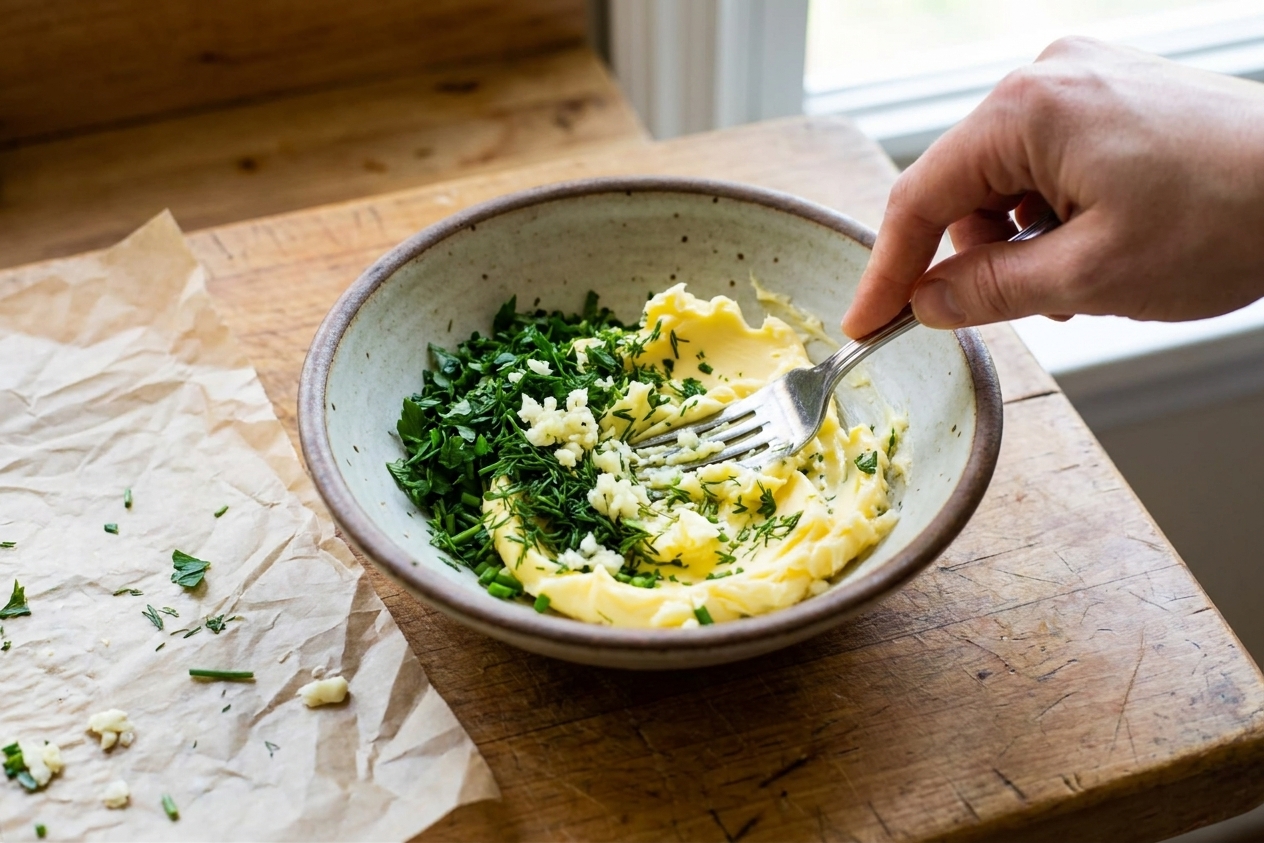 A bowl of softened butter being mixed with chopped herbs and garlic using a fork on a kitchen counter