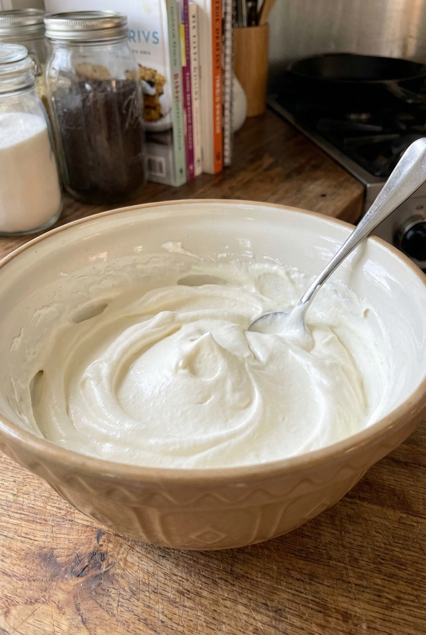 A bowl of softly whipped cream with a spoon