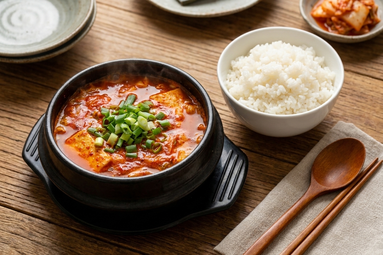 A bowl of soondubu jjigae topped with scallions beside a bowl of steamed white rice on a simple dinner table