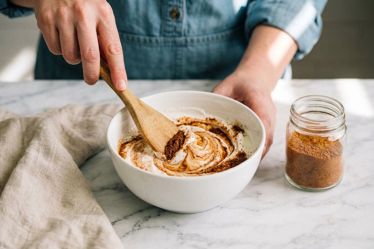 A bowl of sour cream being stirred with taco seasoning using a spoon on a kitchen counter