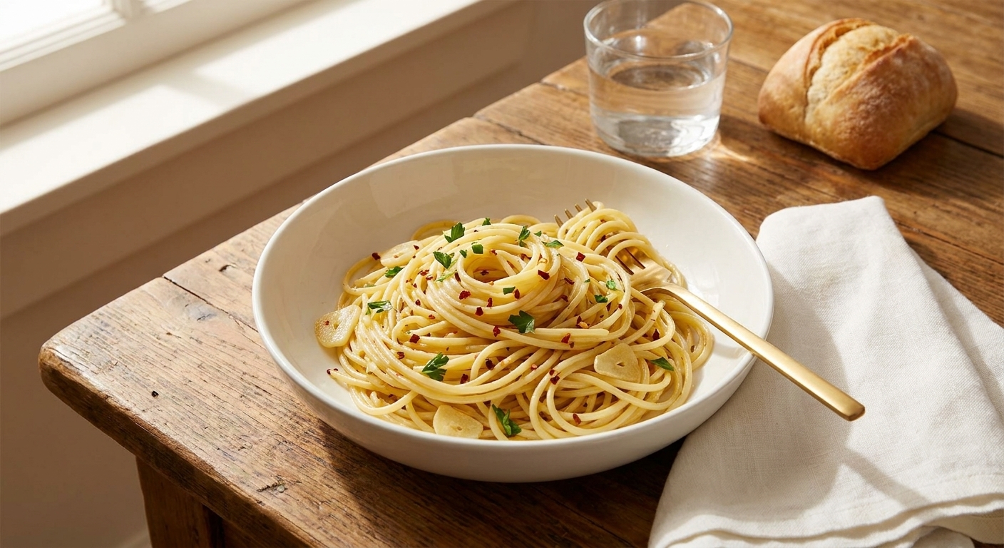 A bowl of spaghetti aglio e olio served on a simple dinner table with a fork and linen napkin, warm cozy lighting