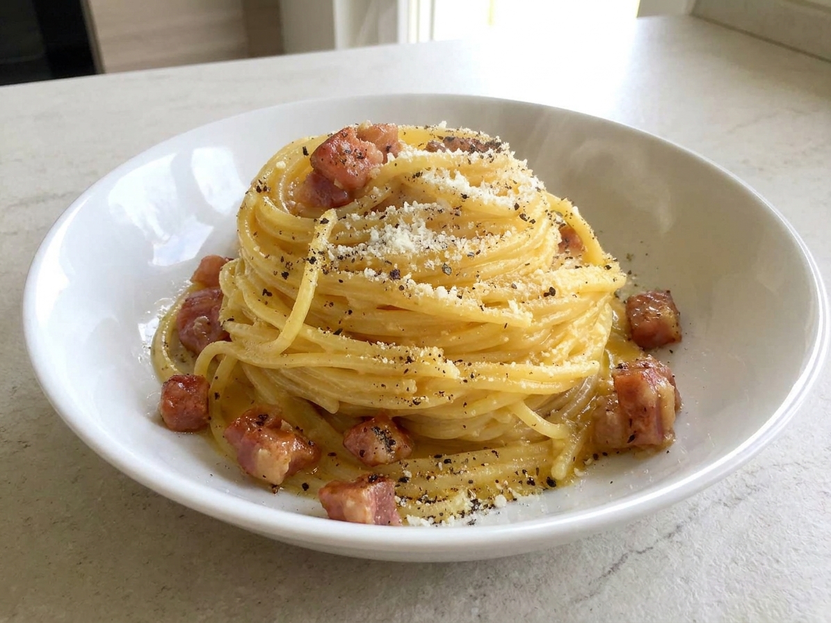 A bowl of spaghetti alla carbonara served hot with extra Pecorino and black pepper, with crispy guanciale on top
