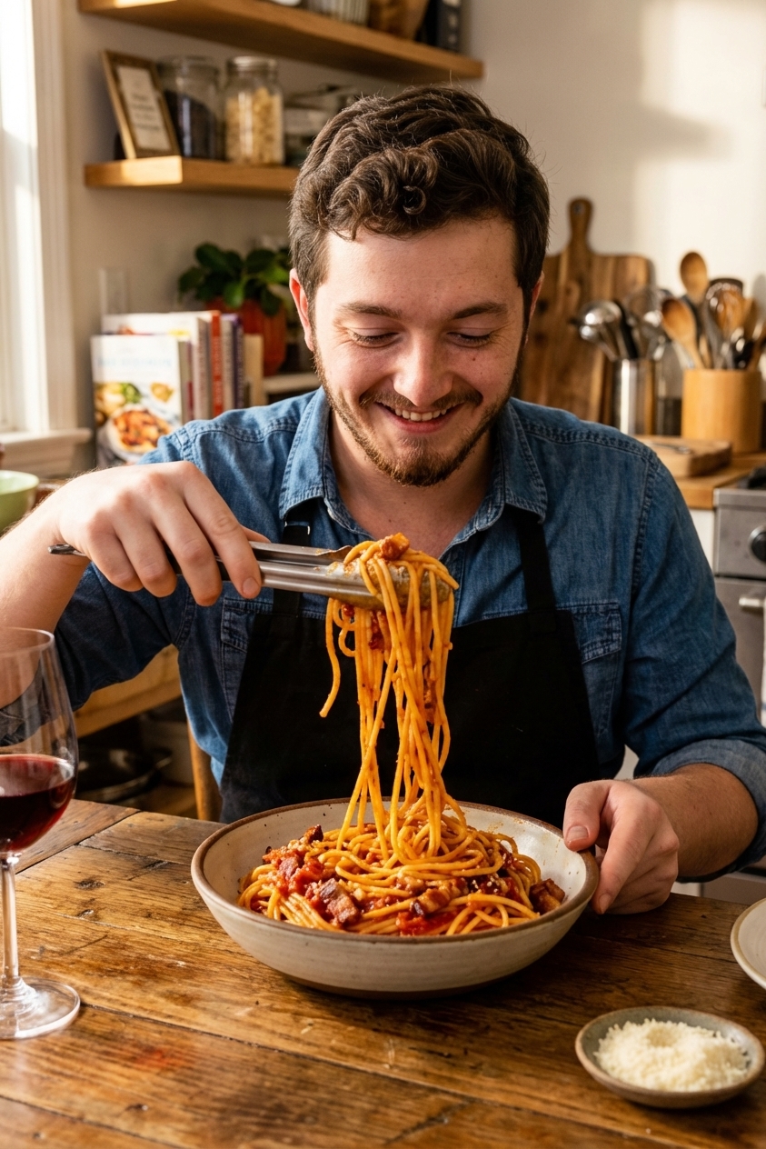 A bowl of spaghetti all’amatriciana being twirled with tongs, with visible guanciale pieces and glossy tomato sauce on a wooden dinner table