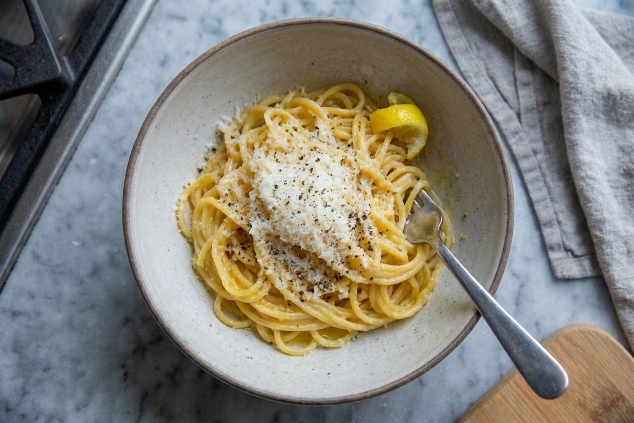 A bowl of spaghetti coated in a glossy egg yolk sauce with black pepper and grated Parmesan on a warm kitchen table