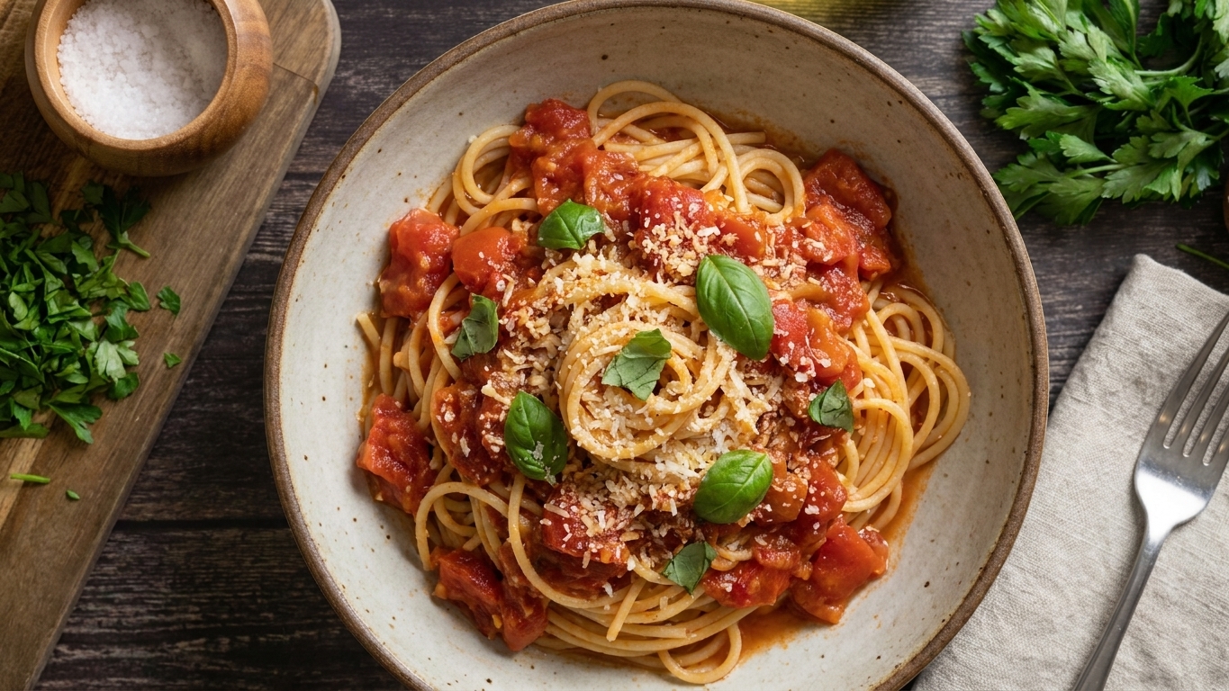 A bowl of spaghetti coated in fresh tomato sauce topped with basil leaves and grated Parmesan on a dinner table
