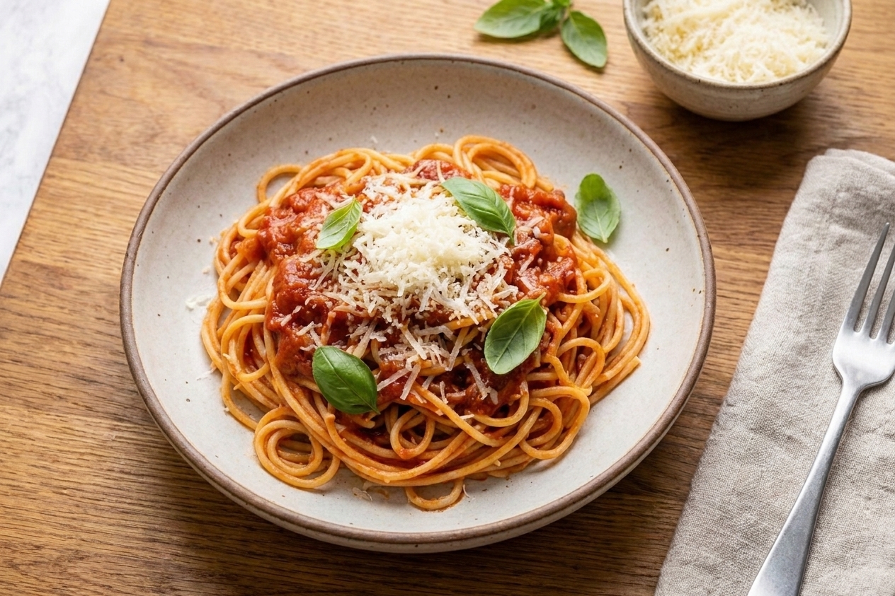 A bowl of spaghetti coated in glossy tomato sauce with grated Parmesan and fresh basil on a wooden table