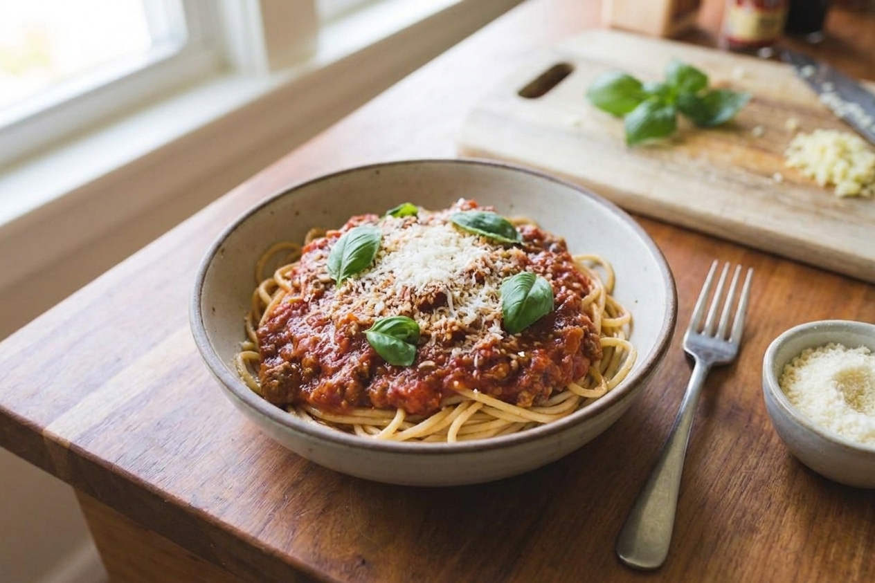 A bowl of spaghetti coated in red tomato sauce, topped with grated Parmesan and fresh basil on a simple dinner table