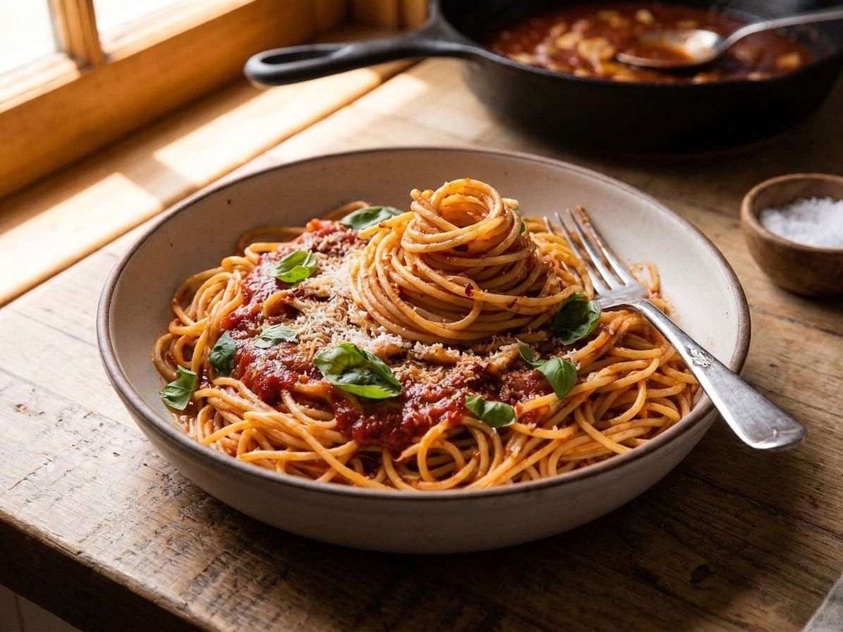 A bowl of spaghetti pomodoro twirled high with glossy tomato sauce, fresh basil leaves, grated Parmesan, and a fork resting on the rim on a warm kitchen table
