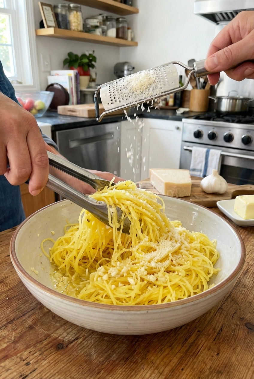 A bowl of spaghetti squash strands being tossed with garlic butter and grated Parmesan