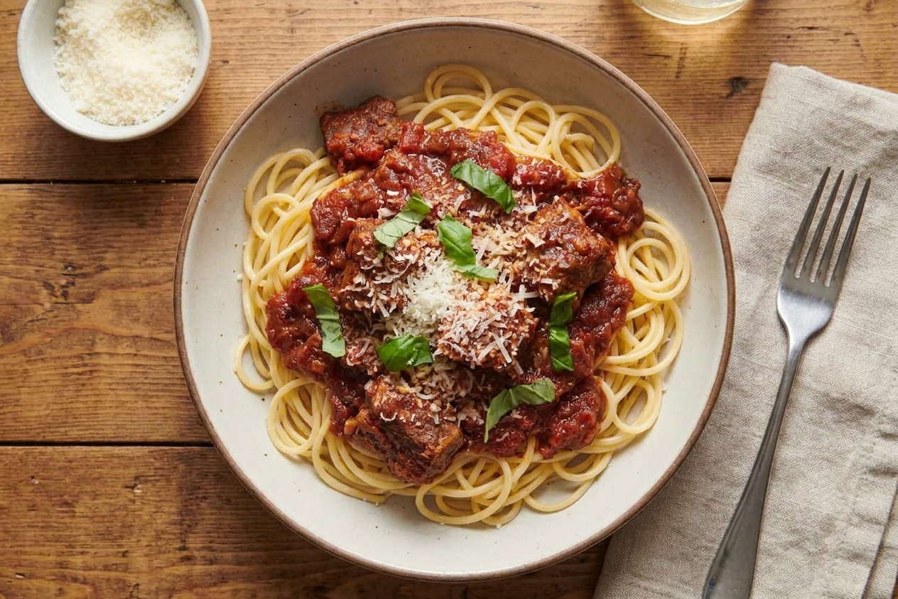 A bowl of spaghetti topped with Sunday sauce, grated Parmesan, and fresh basil on a simple dinner table setting