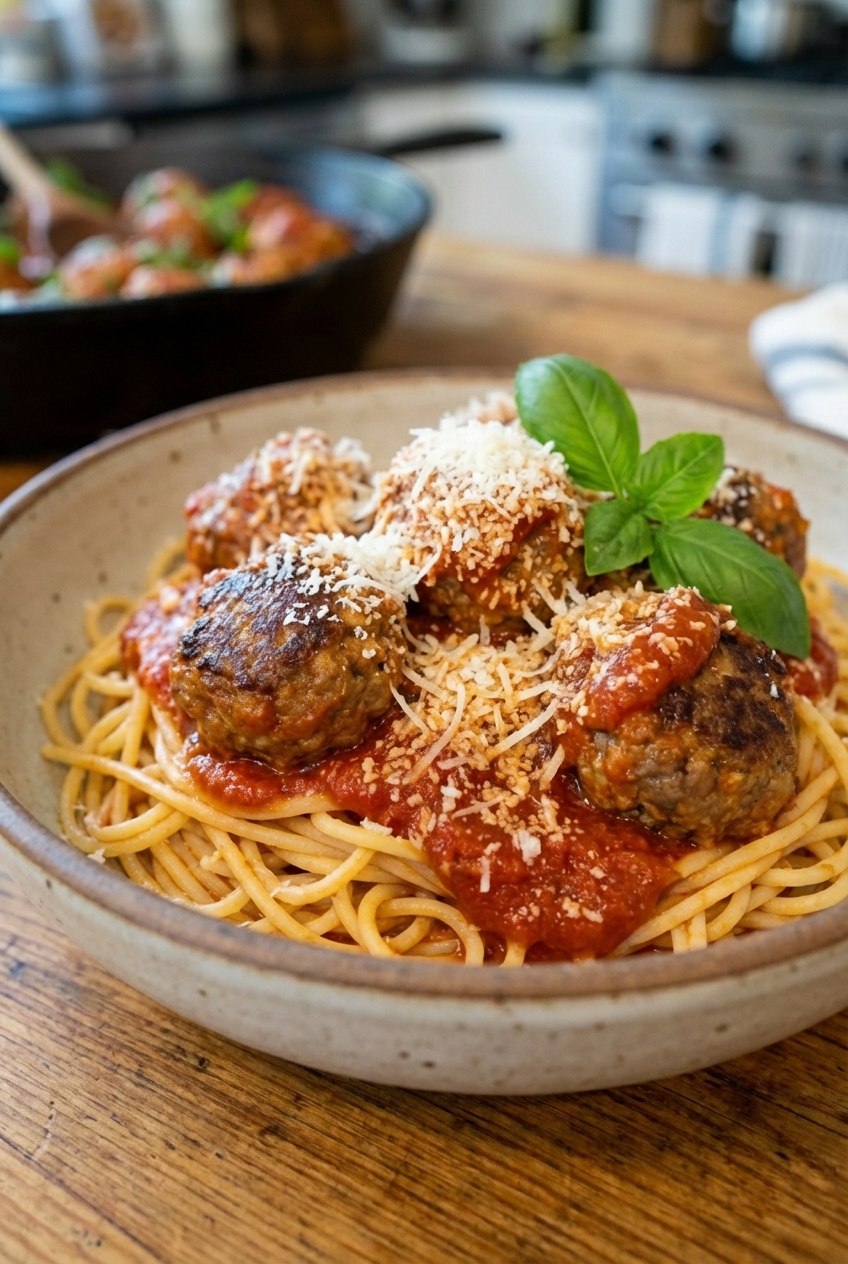 A bowl of spaghetti topped with beef meatballs and tomato sauce, finished with grated Parmesan