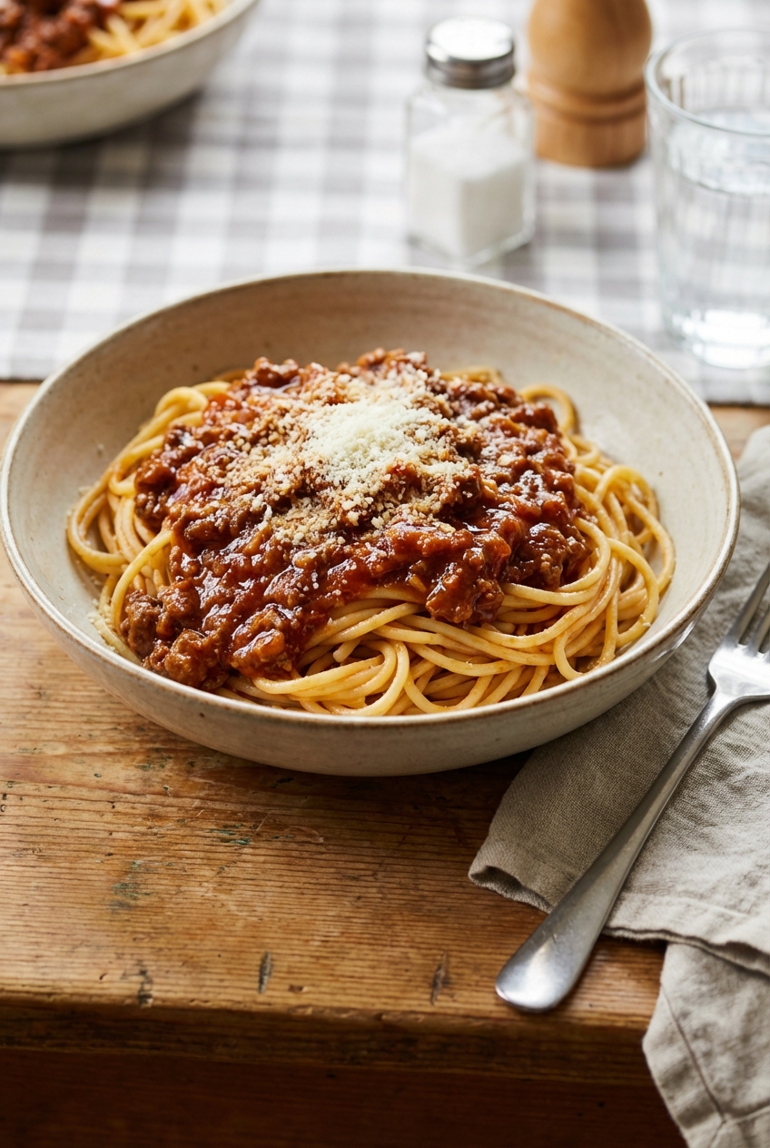 A bowl of spaghetti topped with glossy meat sauce and grated Parmesan on a kitchen table