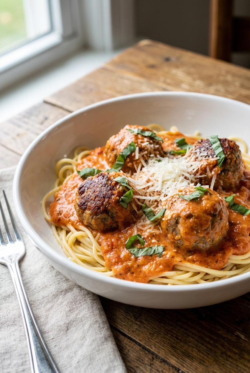 A bowl of spaghetti topped with meatballs and creamy tomato sauce, finished with grated parmesan and basil