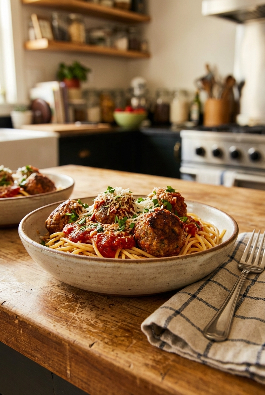 A bowl of spaghetti topped with meatballs, tomato basil sauce, parmesan, and parsley