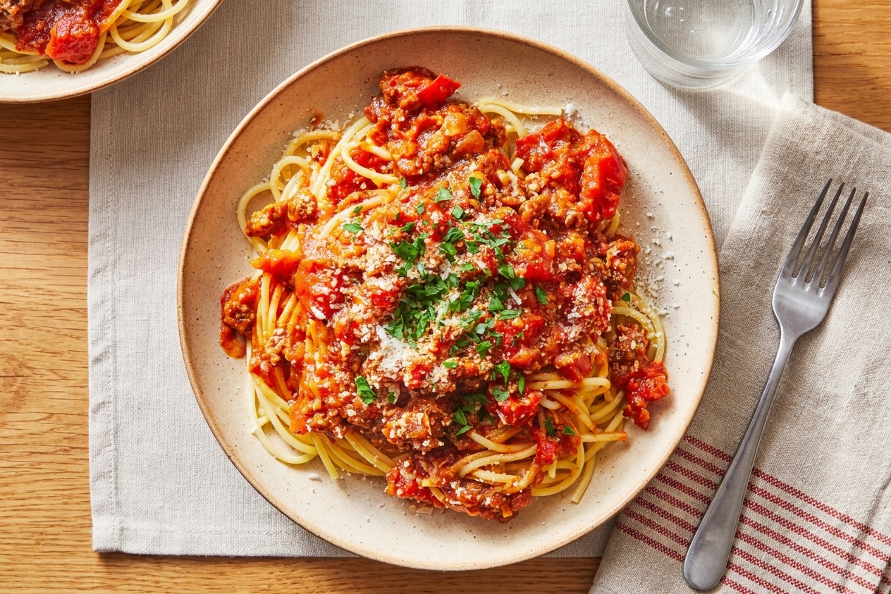 A bowl of spaghetti topped with red spaghetti sauce and a sprinkle of fresh herbs on a simple dinner table setting