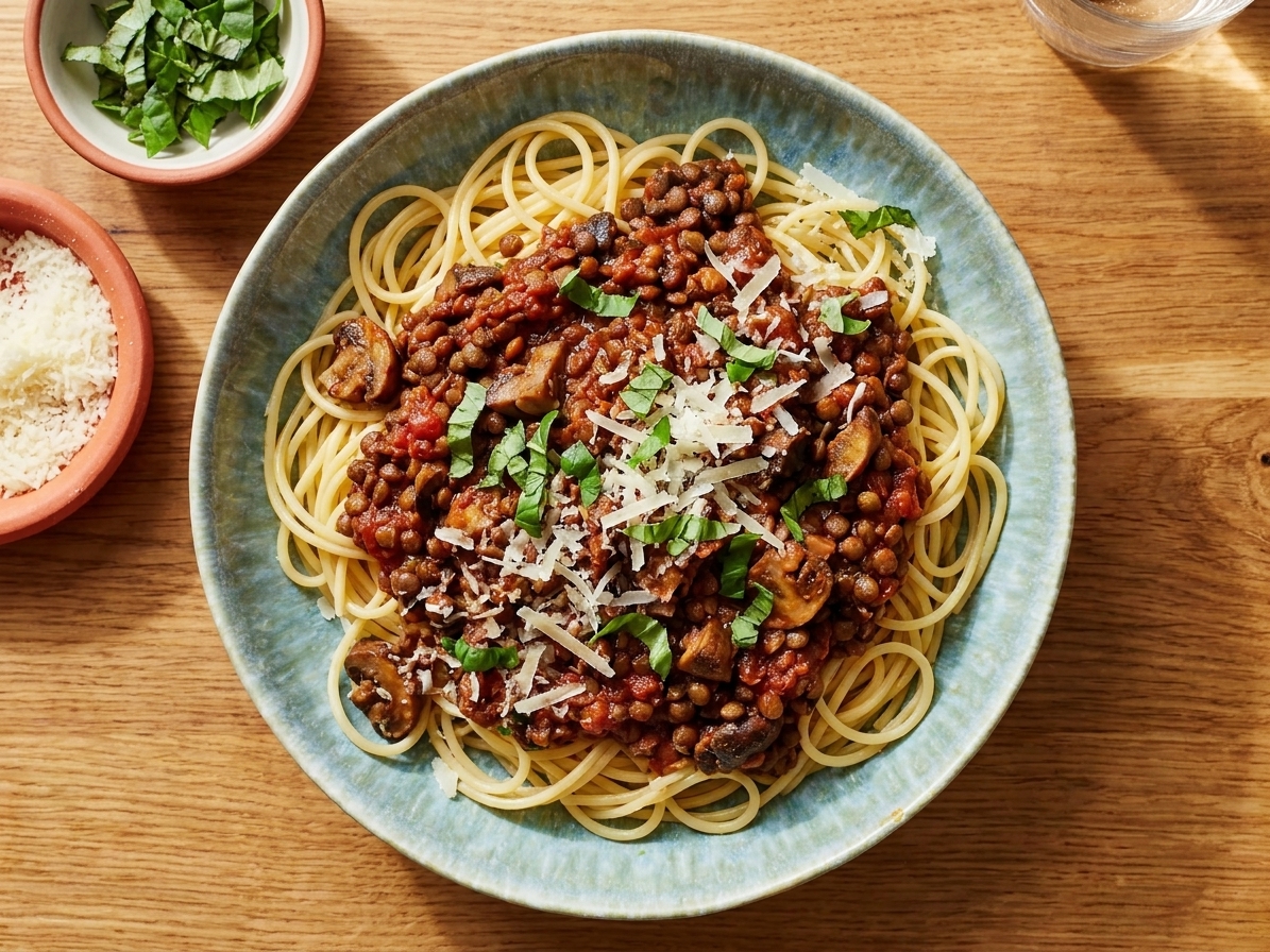 A bowl of spaghetti topped with thick lentil and mushroom bolognese, finished with grated Parmesan-style cheese and chopped basil on a warm kitchen table
