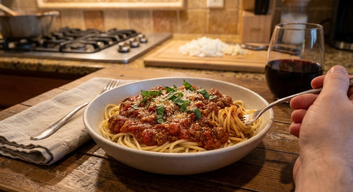 A bowl of spaghetti topped with thick red sauce and fresh herbs on a simple dinner table
