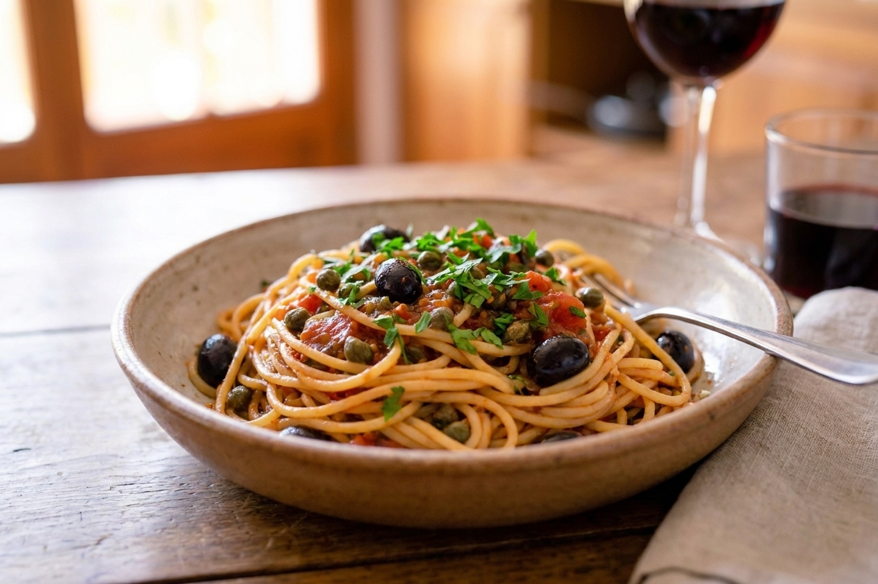 A bowl of spaghetti tossed in glossy salsa puttanesca with black olives, capers, and a sprinkle of parsley on a warm-toned wooden table